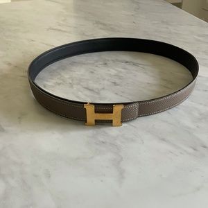 Mini Constance buckle & Reversible leather strap - Black/Taupe  24 mm, 80 length